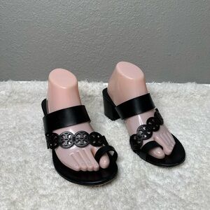Tory Burch Tiny Miller Black Leather Toe Ring Block Heel Sandals Size 9M women’s